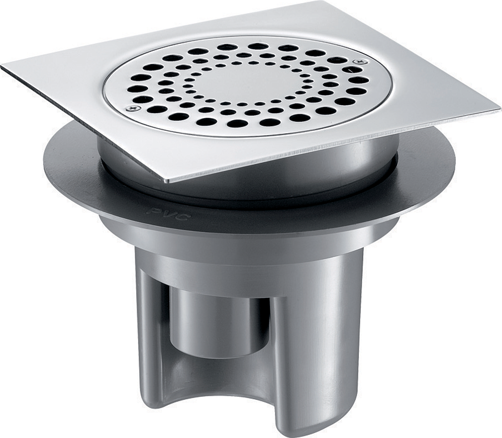 Siphon sol dur 150x150 - H. régl. sortie intégrée Ø40