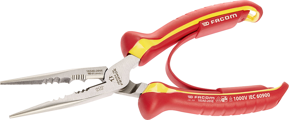 Pince demi-ronde multifonctions isolée 1000 volts - becs droits, serre-tube, dénudage et serrage 183AE.20VEPB