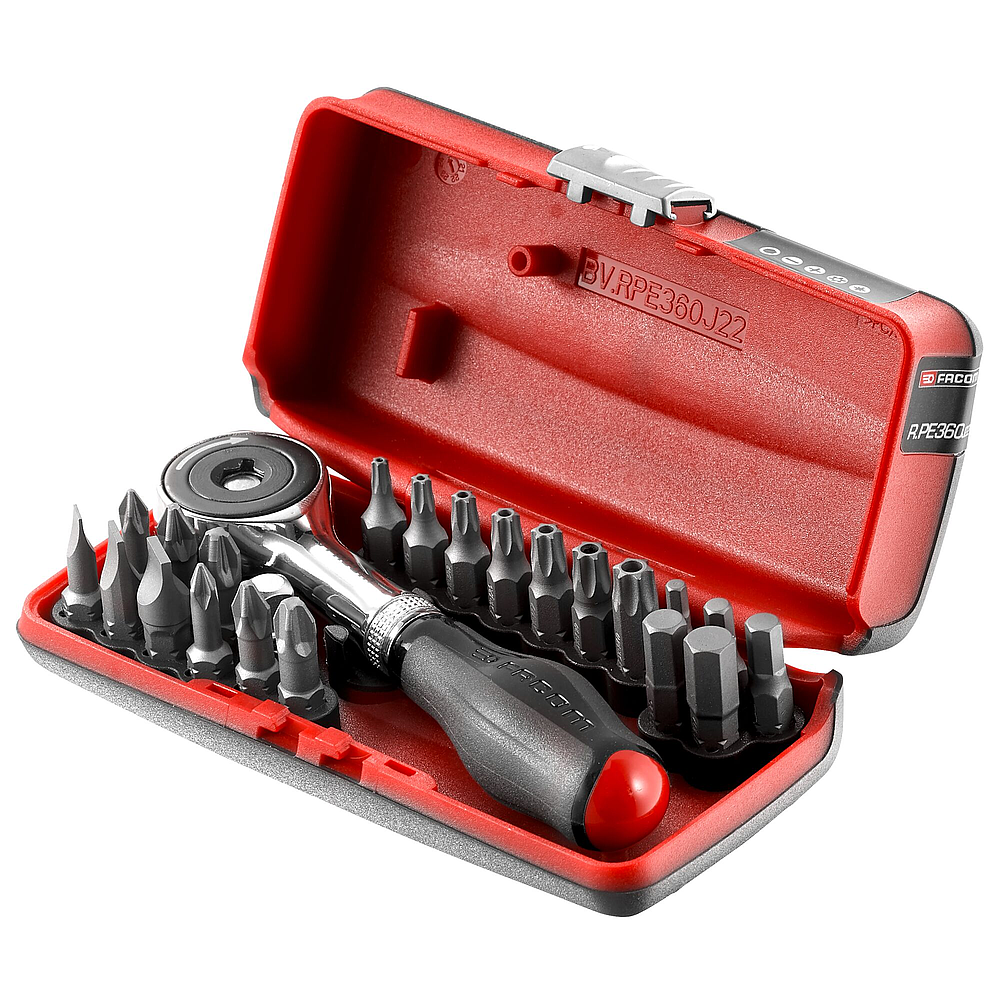 Coffret porte embout à cliquet manche rotatif + 22 embouts de vissage R.PE360J22PB
