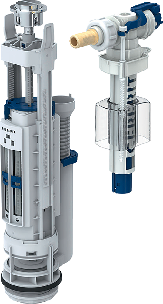 Mécanisme de chasse complet Geberit type 290-380, rinçage double touche, alimentation latérale, 3/8  , mamelon en laiton: Chromé brillant