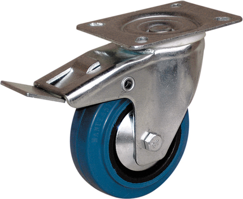 Roulette 125mm piv. à frein  caout. bleu charge admissible 200kg