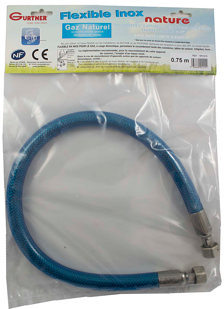 FLEXIBLE GAZ NATUREL INOX DUREE DE VIE ILLIMITEE- RACCORDS FF 1/2  CONFORME A LA NORME NFD 36-121