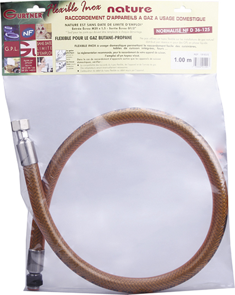 FLEXIBLE GAZ BUTANE-PROPANE INOX  1-50M DUREE DE VIE ILLIMITEE- RACCORDS FF 1/2   - 20X150 CONFORME A LA NORME NFD 36-125