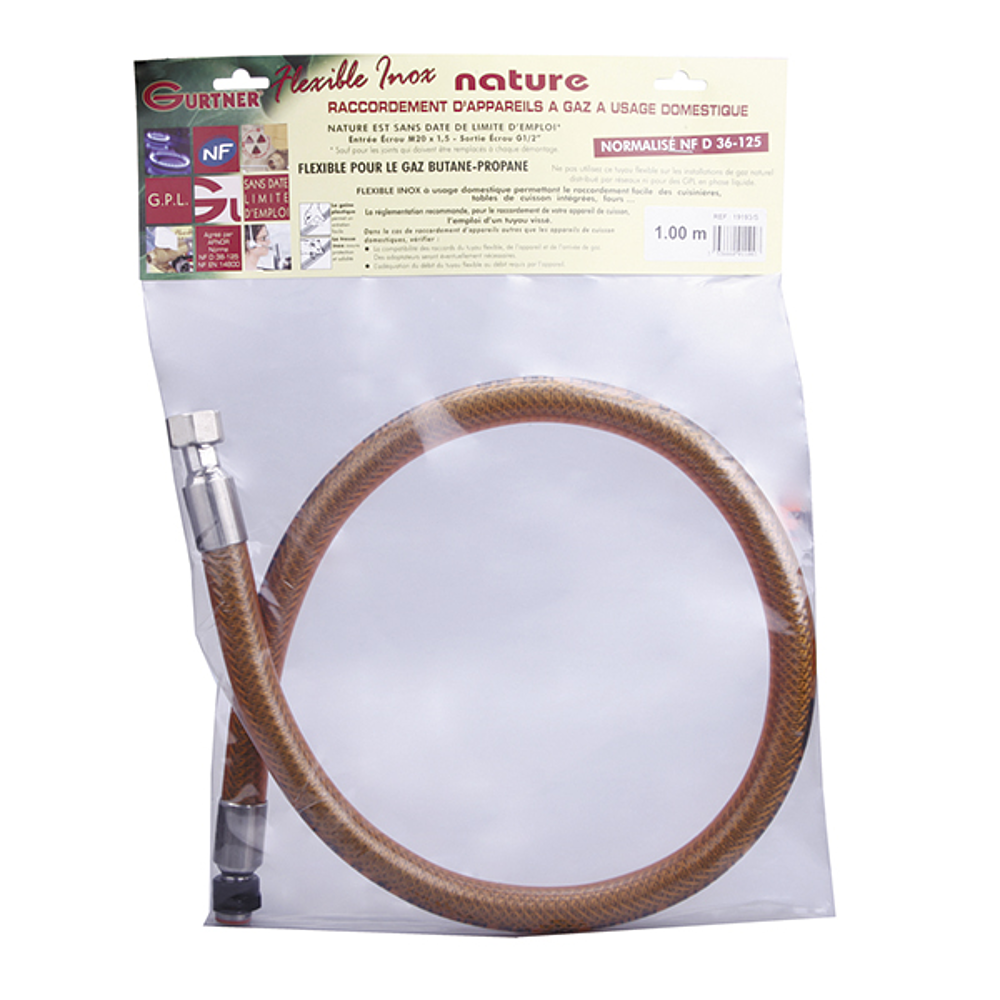 FLEXIBLE GAZ BUTANE-PROPANE INOX  1-50M DUREE DE VIE ILLIMITEE- RACCORDS FF 1/2   - 20X150 CONFORME A LA NORME NFD 36-125