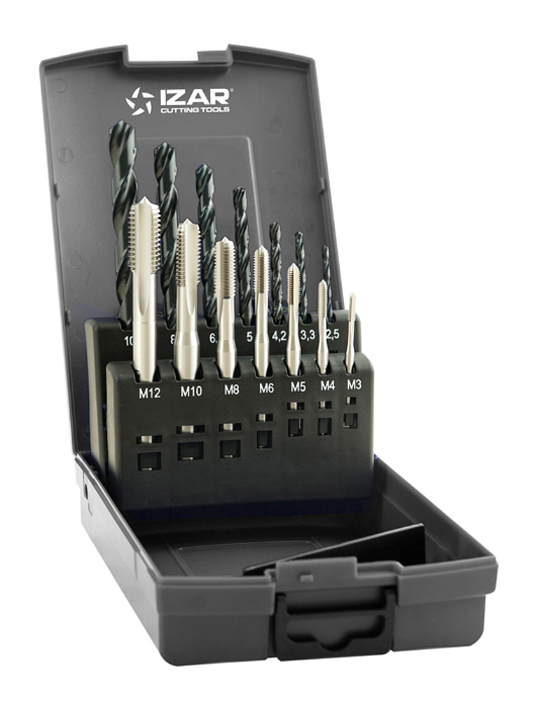 COFFRET TARAUD MACHINE DROIT HSSE DIN371 (M) + FORETS 14 PIECES M3 A M12 Ref 3110 +1010