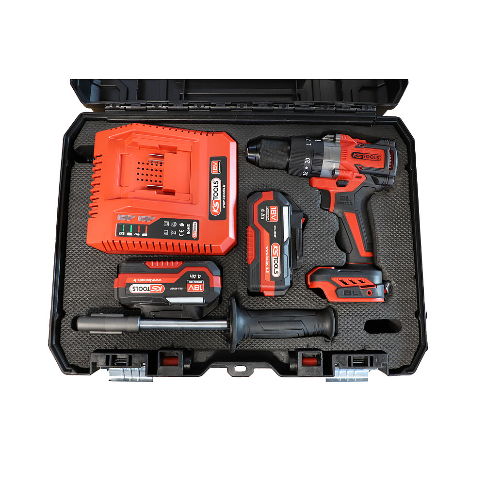 PERCEUSE VISSEUSE BRUSHLESS SUR BATTERIES 18V + 2 BATTERIES 4Ah + CHARGEUR + COFFRET