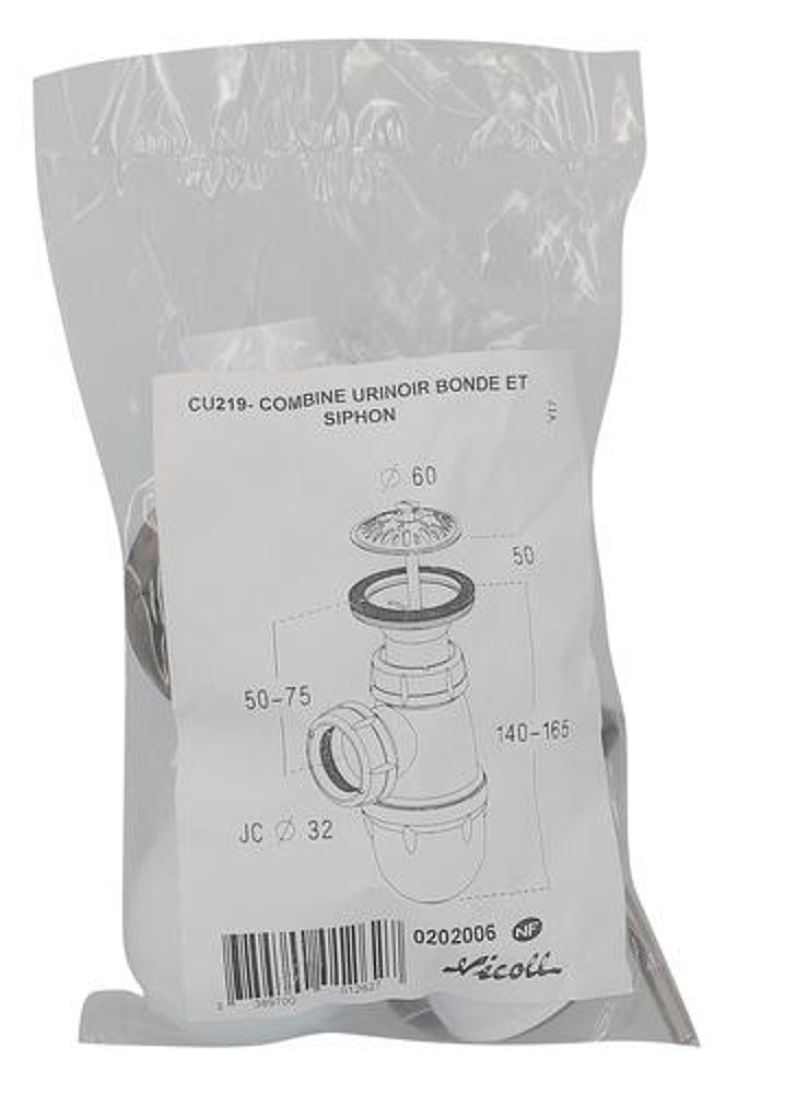 Combiné urinoir : bonde + siphon  CU219 grille d60mm bombée  sortie JC32 ft>c