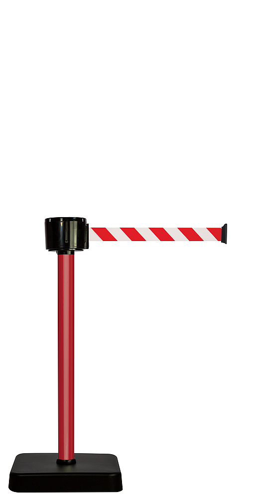 POTEAU A SANGLE 12M X 50MM SUR SOCLE MOBILE TUBE ROUGE SANGLE R/B HACHUREE