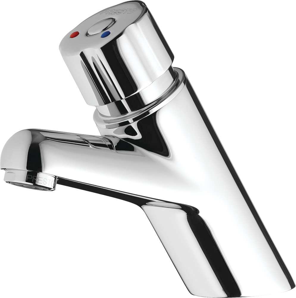 Mitigeur sur plage pour lavabo Presto 4000s. Déclenchement mécanique et temporisé par bouton-poussoir monocommande. Temporisation 15sec. Débit 3l/min. Raccordement G3/8   avec robinet d'arrêt. Bouton chromé. Système antiblocage.