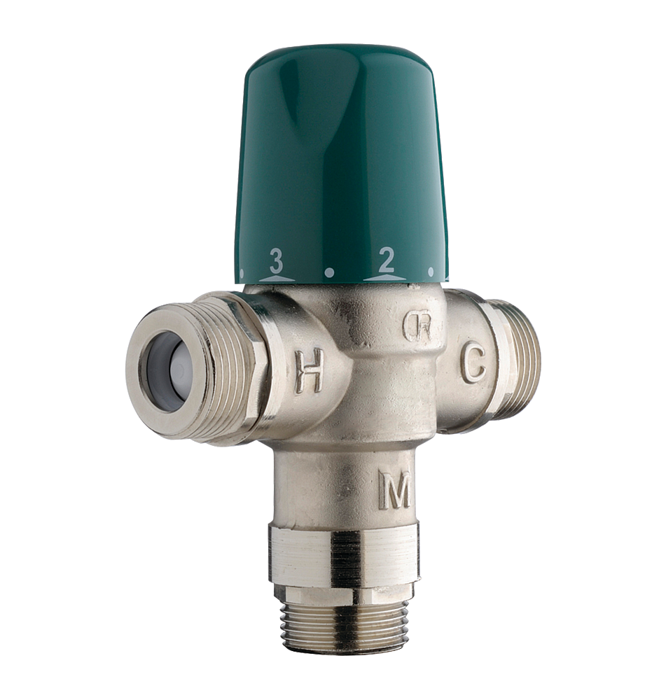 Régulateur thermostatique 3/4   avec blocage de température interne. Plage de réglage de température 30°C à 65°C. Débit 5-57l/min. Sécurité anti-brûlure.