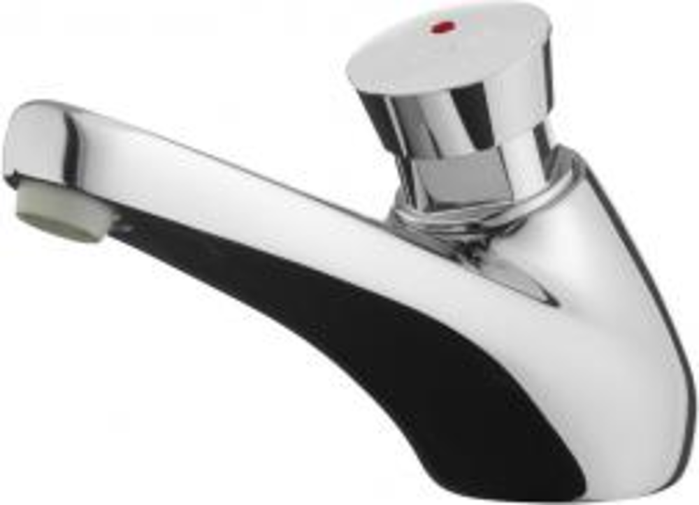 Robinet sur plage pour lavabo Presto 605. Déclenchement mécanique et temporisé par bouton-poussoir. Temporisation 15sec. Débit 3l/min. Raccordement G1/2  . Finition chromée et pion bleu.