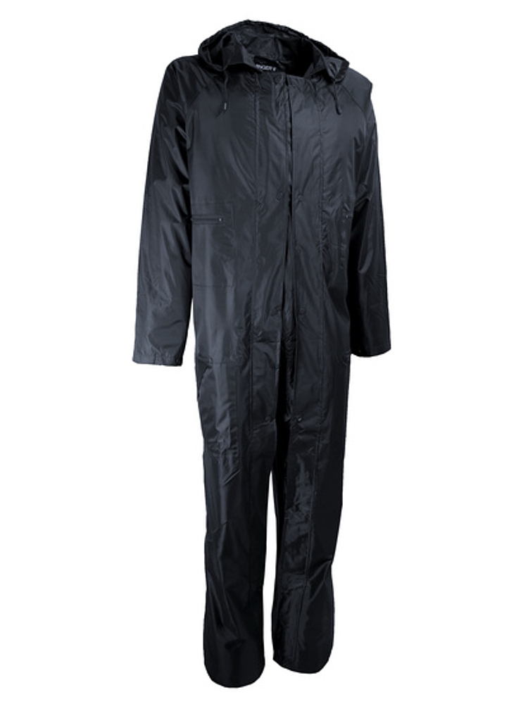 Combinaison de pluie bleue. PVC souple. Support polyester. Coutures étanchées.