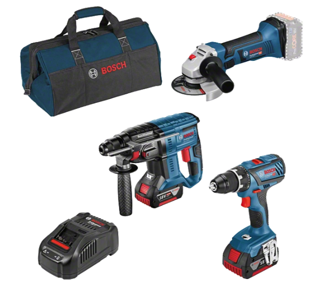 KIT 3 outils perceuse-vis. GSR 18V-28  +  meuleuse  GWS 18V-LI  + perforateur GBH 18V-21 + 2 x 5 AH + GAL 1880 CV + SAC